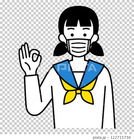 マスクをしてOKサインをする女子学生 122715730