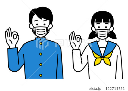 マスクをしてOKサインをする男女の学生　セット 122715731
