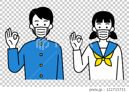 マスクをしてOKサインをする男女の学生　セット 122715731