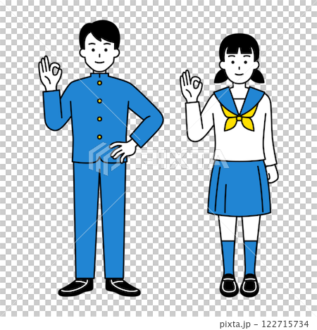 Male and female students making OK signs (full body) set 122715734