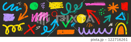 Brush line shape background abstract texture doodle set. Hand drawn sketch crayon scribble brush geometric shape color chalk effect background. Abstract arrow, circle, zigzag vector Brush line shape background abstract texture doodle set. Hand drawn sketch crayon scribble brush geometric shape color chalk effect background. Abstract arrow, circle, zigzag vector 122716261