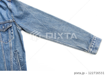 sleeve of blue denim shirt texture isolated on white background, jean fashion style 122716531