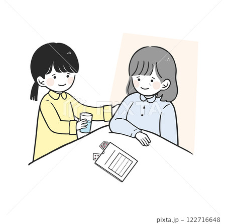 ヤングケアラー 薬を飲む家族をサポートする子供のイラスト 122716648