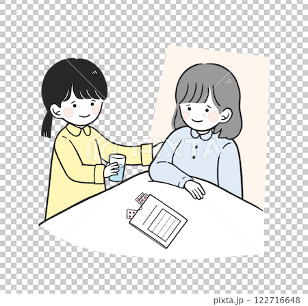 ヤングケアラー 薬を飲む家族をサポートする子供のイラスト 122716648