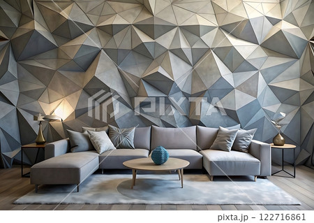 Taupe art piece and beige geometric sofa create room's focal point. 122716861