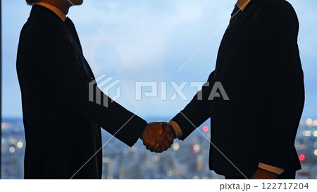 都市の夜景を背景に握手するビジネスパーソン 都市の夜景を背景に握手するビジネスパーソン 122717204