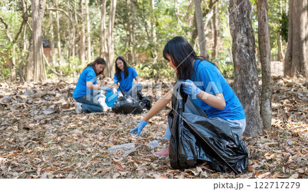 A group of Asian volunteers collects trash in plastic bags and cleaning areas in the forest to preserve the natural ecosystem. 122717279