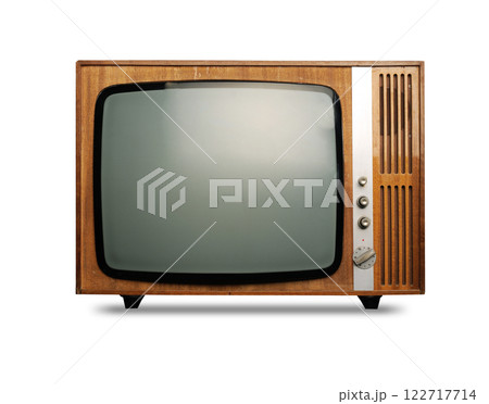 Vintage wooden television with blank display and retro switch button 122717714