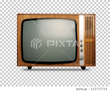 Vintage wooden television with blank display and retro switch button 122717714