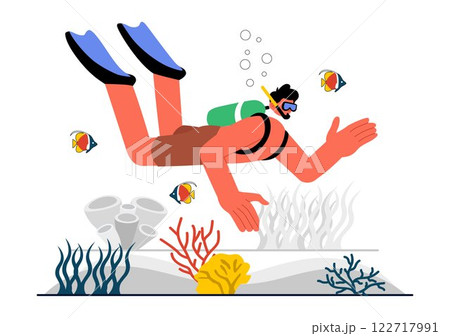 Diving Sport Vector Illustration Featuring Underwater Swimming Equipment for Exploring Coral Reefs, Sea Flora and Fauna, and Marine Life in the Ocean Diving Sport Vector Illustration Featuring Underwater Swimming Equipment for Exploring Coral Reefs, Sea Flora and Fauna, and Marine Life in the Ocean 122717991