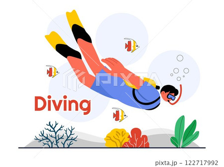 Diving Sport Vector Illustration Featuring Underwater Swimming Equipment for Exploring Coral Reefs, Sea Flora and Fauna, and Marine Life in the Ocean Diving Sport Vector Illustration Featuring Underwater Swimming Equipment for Exploring Coral Reefs, Sea Flora and Fauna, and Marine Life in the Ocean 122717992