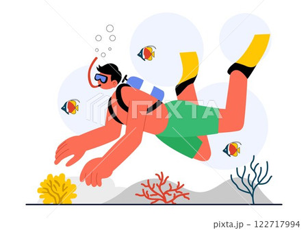 Diving Sport Vector Illustration Featuring Underwater Swimming Equipment for Exploring Coral Reefs, Sea Flora and Fauna, and Marine Life in the Ocean 122717994