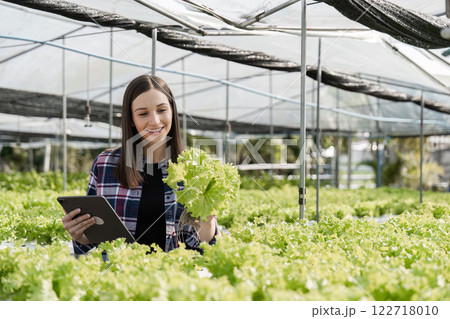 Female Farmer Cultivating Organic Vegetables in a Modern Greenhouse Setting with Sustainable Farming Practices Female Farmer Cultivating Organic Vegetables in a Modern Greenhouse Setting with Sustainable Farming Practices 122718010
