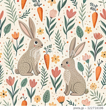 Cute seamless pattern with bunnies, flowers and spring elements like carrots and floral designs  122718106