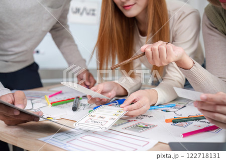 Creative designer team meeting on application design and ux ui usability planning. business team teamwork. 122718131