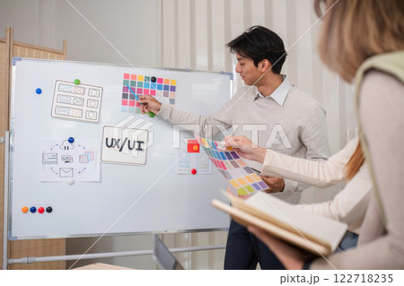 Creative designer team leader presentation on application design and ux ui usability planning. Modern business team teamwork. 122718235