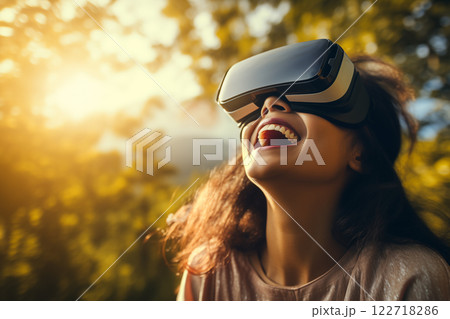 woman using vr device goggle virtual reality ai experience planing 122718286