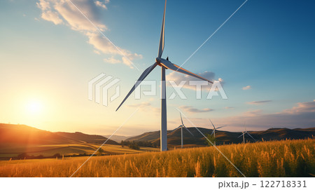 Wind turbines farm agaist the colorful sky at sunset. 122718331