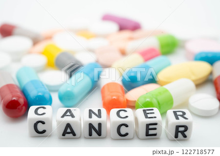 Cancer word with pills and capsules medical drug. 122718577