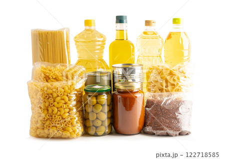 Foodstuffs in donation box isolated on white background with clipping path for volunteer to help people. Foodstuffs in donation box isolated on white background with clipping path for volunteer to help people. 122718585
