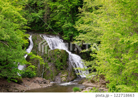 北海道由仁町、新緑に覆われた於兎牛沢川の滝（オソウシの滝）【5月】 122718663