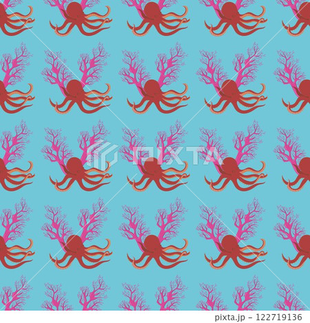 Octopus with fish. Vector illustration. Seamless pattern on a blue background. Octopus with fish. Vector illustration. Seamless pattern on a blue background. 122719136