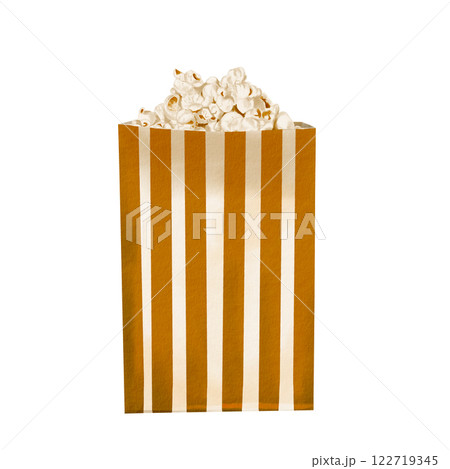 A bag of popcorn. Paper container with snack. Classic retro style for popcorn and cinema. Gold stripes. crispy salty snack. watercolor illustration isolated from background. A bag of popcorn. Paper container with snack. Classic retro style for popcorn and cinema. Gold stripes. crispy salty snack. watercolor illustration isolated from background. 122719345