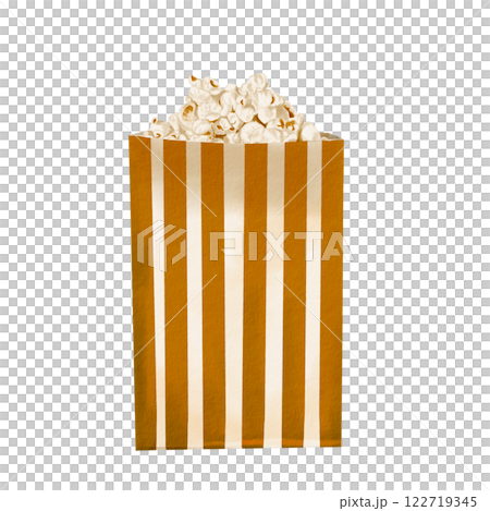 A bag of popcorn. Paper container with snack. Classic retro style for popcorn and cinema. Gold stripes. crispy salty snack. watercolor illustration isolated from background. A bag of popcorn. Paper container with snack. Classic retro style for popcorn and cinema. Gold stripes. crispy salty snack. watercolor illustration isolated from background. 122719345