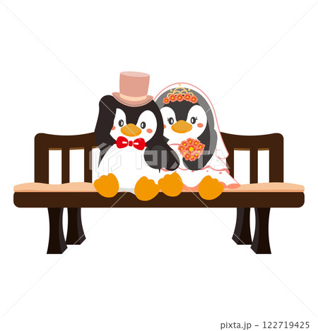 木製ベンチに座るペンギンのカップルのウェディングイラスト 122719425