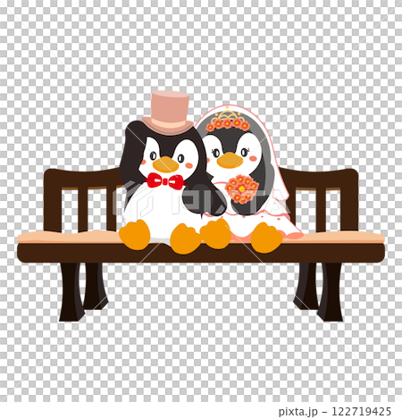 木製ベンチに座るペンギンのカップルのウェディングイラスト 122719425
