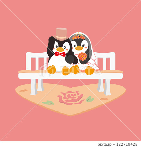 ハートの絨毯の上に置かれた白いベンチに座るペンギンのカップルのウェディングイラスト 122719428