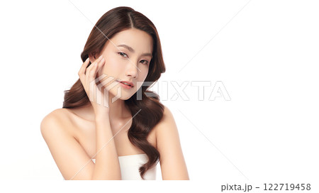 Beautiful young asian woman with clean fresh skin on white background, Face care, Facial treatment, Cosmetology, beauty and spa, Asian women portrait. Beautiful young asian woman with clean fresh skin on white background, Face care, Facial treatment, Cosmetology, beauty and spa, Asian women portrait. 122719458