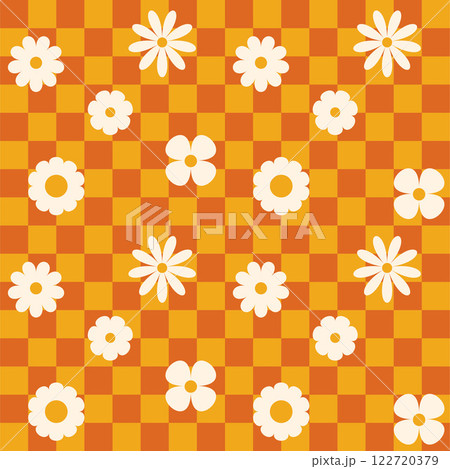 Groovy flower checkered pattern. Retro seamless pattern with simple flowers in 1970s style. Groovy background for Tshirt, poster, card and print. Doodle vector Groovy flower checkered pattern. Retro seamless pattern with simple flowers in 1970s style. Groovy background for Tshirt, poster, card and print. Doodle vector 122720379