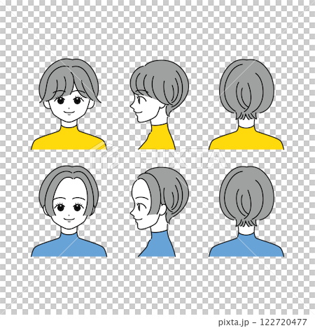 Short hair woman face icon set (front, side, back view) 122720477