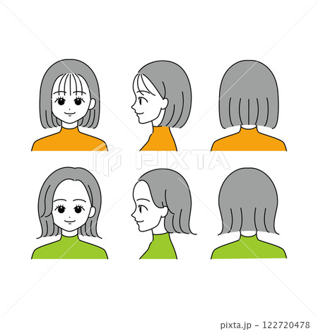 ボブヘアの女性の顔アイコンセット（正面・横顔・後ろ姿） 122720478