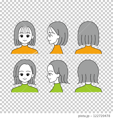 鮑伯頭髮女人臉圖示集（正面、側面、背面） 122720478