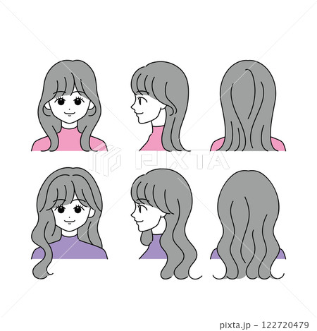ロングヘアの女性の顔アイコンセット（正面・横顔・後ろ姿） 122720479