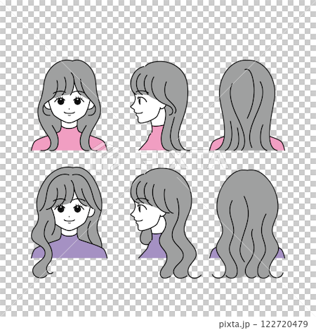 ロングヘアの女性の顔アイコンセット（正面・横顔・後ろ姿） 122720479