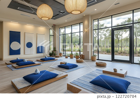 Serene Yoga Studio Interior Meditation Room with Blue Cushions Natural Light Wooden Platforms 122720784