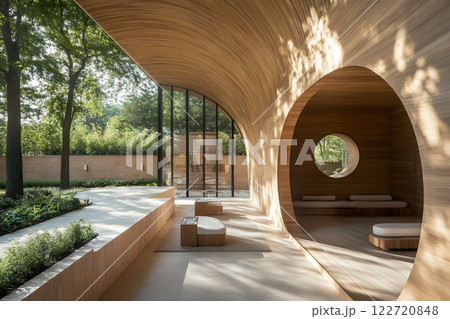 Serene Modern Wooden Pavilion with Circular Niches and Garden Views 122720848