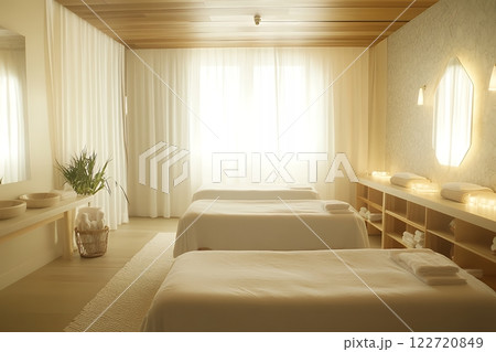 Serene Spa Room Three Massage Tables Natural Light Minimalist Design 122720849
