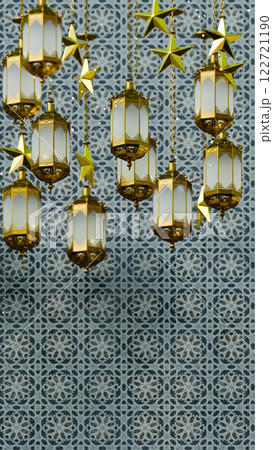 Eid Mubarak, 3D illustration Background for advertising and wallpaper in festival and religion scene. 3D rendering in decorative concept. 122721190
