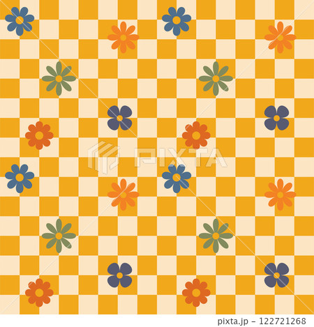 Groovy flower checkered pattern. Retro seamless pattern with simple flowers in 1970s style. Groovy background for Tshirt, poster, card and print. Doodle vector 122721268