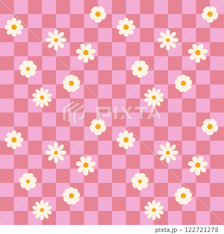 Groovy flower checkered pattern. Retro seamless pattern with simple flowers in 1970s style. Groovy background for Tshirt, poster, card and print. Doodle vector 122721278