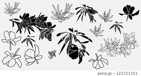 A beautiful collection of intricate floral silhouettes and elegant line art designed for various creative projects 122721331