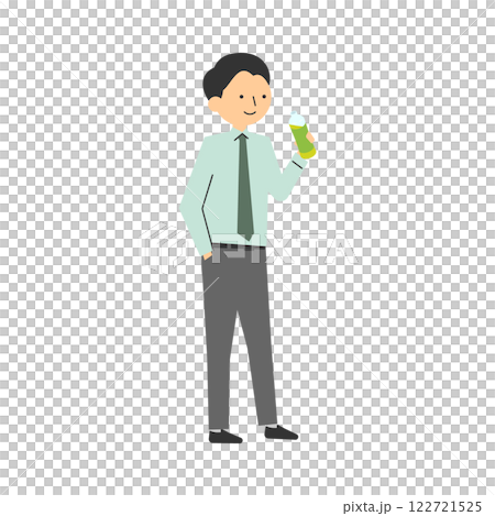 Illustration of a man in business attire holding a plastic bottle of drink in one hand Illustration of a man in business attire holding a plastic bottle of drink in one hand 122721525