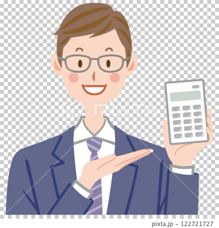 Illustration of a businessman holding a calculator and explaining Illustration of a businessman holding a calculator and explaining 122721727