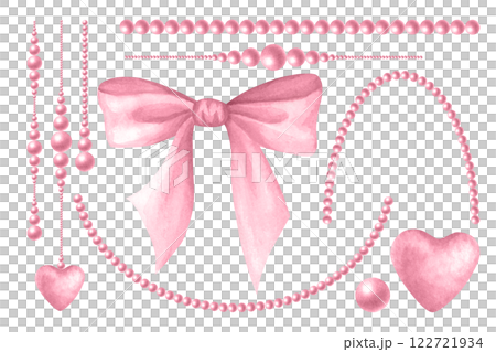 Pink bow, heart, beads and pendants. Coquette core, girly and ladies style. Watercolor hand drawn isolated illustration set of delicate pastel trendy accessories for romantic card, wedding and design. 122721934