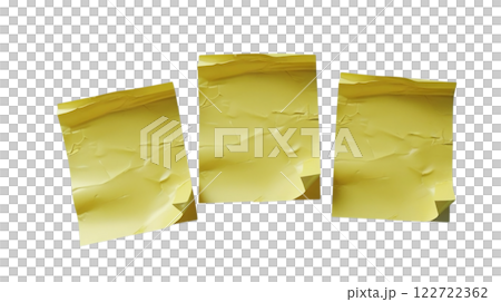 a image of three yellow sticky notes arranged on a plain background. The notes appear slightly crumpled and have a realistic texture 122722362