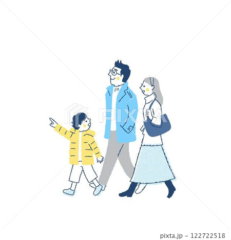 笑顔で歩く冬服の3人家族 122722518